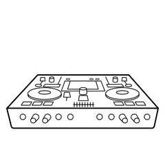 DJ console. Black and white drawing, icon, coloring page. Vector illustration.