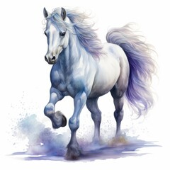 a white horse with purple hair running