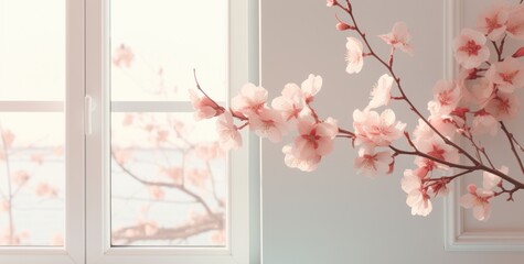 a branch of pink petals is viewed out of a window,