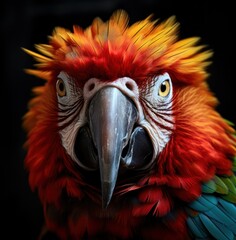 a brightly colored parrot stares into the camera,