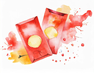 Red lucky money envelopes for Chinese New Year, in a colorful watercolor style. Generative AI
