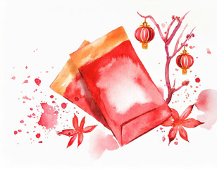 Red lucky money envelopes for Chinese New Year, in a colorful watercolor style. Generative AI
