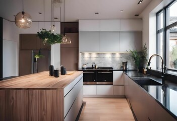 kitchen with stainless steel, white cabinets and black counters with wooden countertops
