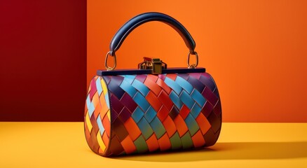 a colorful woven bag sits against an orange, yellow and purple background,