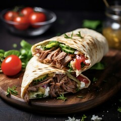 shawarma sandwich in pita with beef meat vegetables and cheese