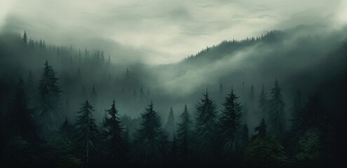a foggy forest in the fog, - obrazy, fototapety, plakaty