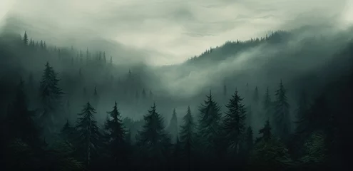 Fotobehang Mistige ochtendstond a foggy forest in the fog,