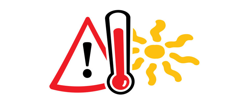 Caution, summer concept. Warning high temperature  signboard. Thermometer or temperature indicate. Hot weather sign. Very hot and scorching. Bright sun, risk of getting of heat stroke.