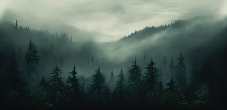 Fototapeta a foggy forest in the fog,