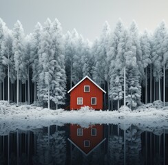 a house in the forest stands next to some trees,