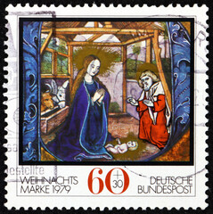 Postage stamp Germany 1979 nativity, medieval manuscript, Christmas