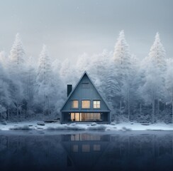 a house is surrounded by snow in a pine forest,