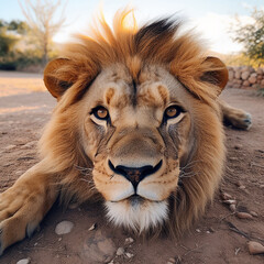 A close up of a lion laying on the ground with it's front paws on the ground. Ai generative