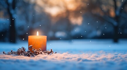 a lit candle in the snow near an oak tree,
