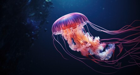 a pink jellyfish swims along in the water,