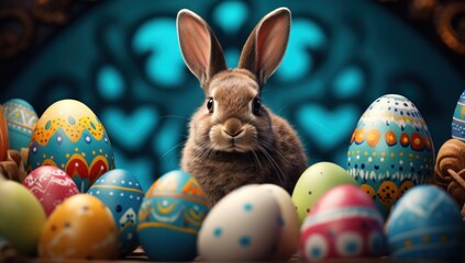a rabbit is looking at a large area featuring easter eggs,