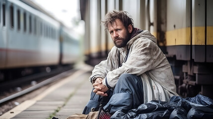 A homeless man at the train station in dirty clothes.