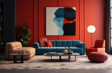 a red and blue living room is viewed,