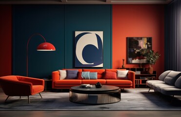 a red and blue living room is viewed,