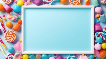 Fototapeta premium frame from candy on a bright blue background. lollipop, caramel and other sweets. party invitation card. Place for text.