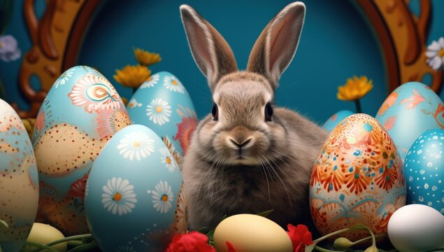 a rabbit is looking at a large area featuring easter eggs,