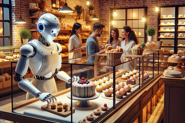 Humanoid robot assisting in a bakery, making and decorating cakes - obrazy, fototapety, plakaty