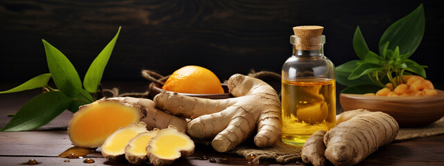bottle, jar with ginger essential oil extract