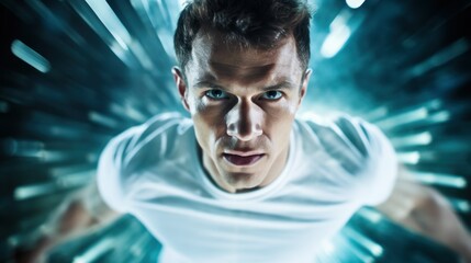 Close-up photo of fit athlete man