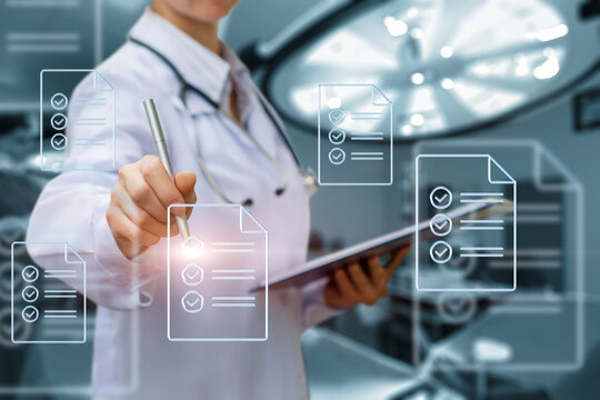 The doctor selects the checklist on a virtual computer .
