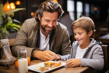 Fototapeta premium Father and son eating at dining table. Family concept. Generative AI