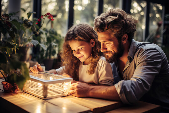 Father and daughter using tablet computer at dining table. Family concept. Generative AI