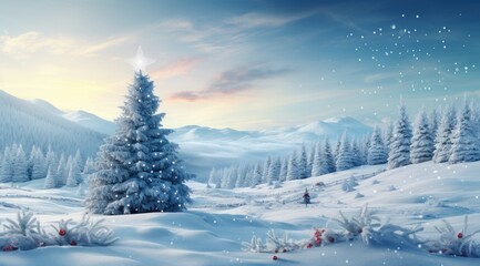 a snowy snowy landscape with a christmas tree in the middle,