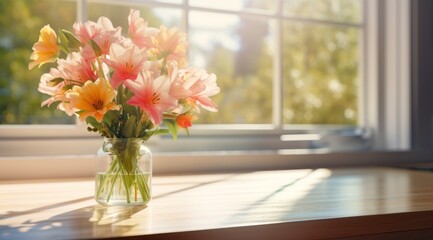 a vase containing flowers on the table in a kitchen