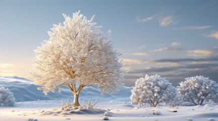 Obraz na płótnie Canvas a snow covered christmas tree stands alone on snow covered ground,
