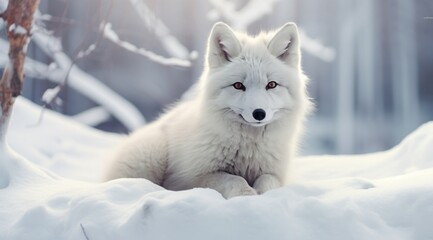 a white fox on snow in the background,