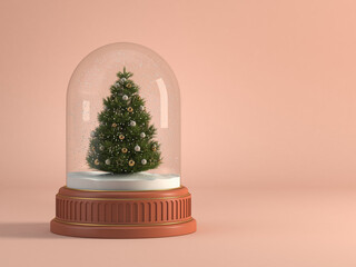 Christmas tree inside glass dome on green background. 3d illustration