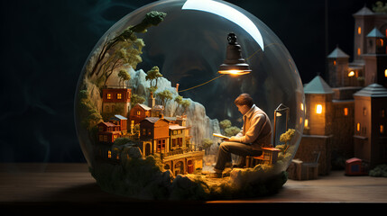 3D miniature world with real life person sitting inside a globe