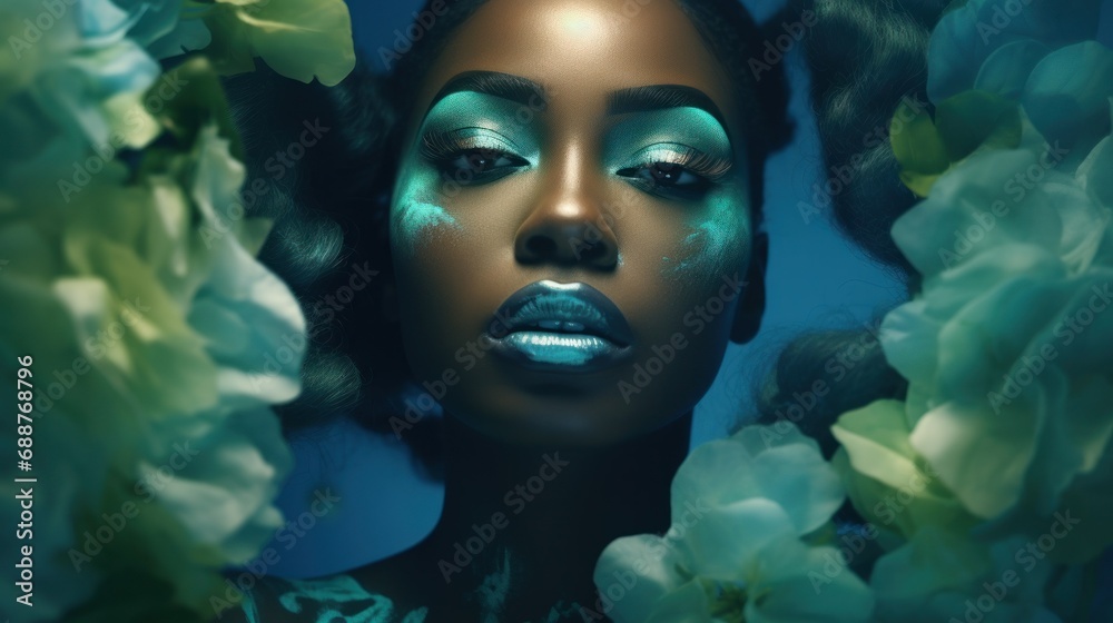 Wall mural black african woman with dark blue make-up