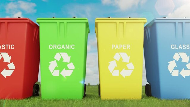 Multicolored trash containers for sorting household waste and further recycling. Each trash can is designed for a separate type of waste and garbage. Recycling waste are needed for environment saving.