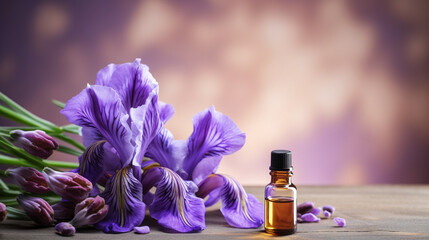 bottle, jar with essential oil extract iris
