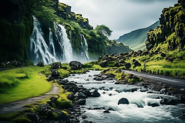 Landscape formed by very high waterfalls and green vegetation. Romantic landscape. AI generated