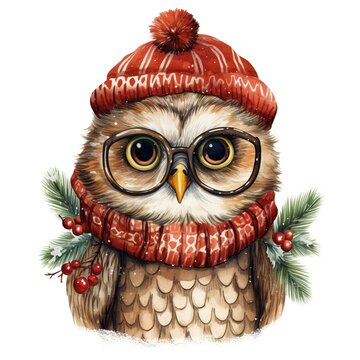 Generative AI, cute wild owl bird, Christmas hat and ugly sweaters, watercolor style.