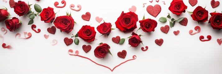 Valentine's day or birthday or mother's day concept, background of red rose petals and roses on white background, banner
