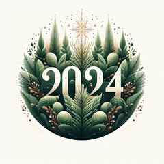 2024, Happy new year celebration for cards or digital background with pine branches and christmas decoration. AI generated