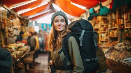 Fototapeta na wymiar Traveler woman wandering around a local market