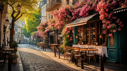 street in Paris, with quaint cafes and flowering balconies. ai generated. - obrazy, fototapety, plakaty