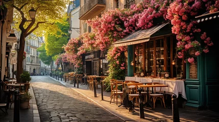Keuken spatwand met foto street in Paris, with quaint cafes and flowering balconies. ai generated. © 1st footage