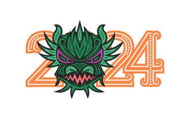 Green dragon is Chinese symbol of New Year 2024. Cute dragon face with year numbers. Greeting card design.
