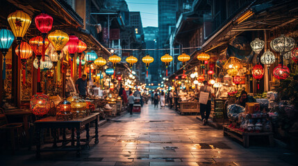 Night market in Asia, filled with colorful stalls and lanterns, Chinese new year. ai generated.
