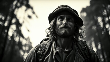 Fototapeta premium Adventurous mountaineer man with backpack